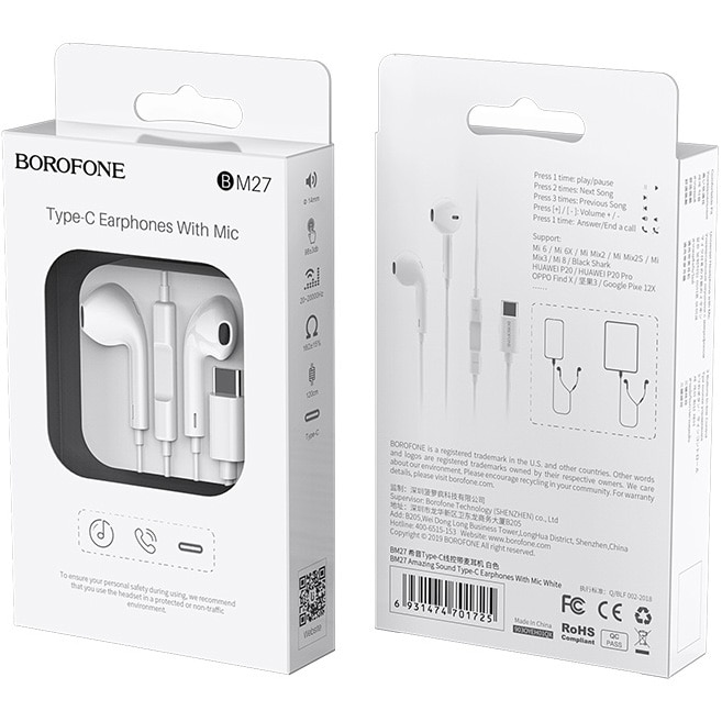 Casti In-Ear Borofone BM27 Amazing Sound, Cu microfon, USB Type-C, Alb