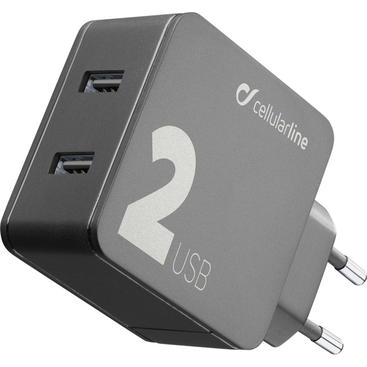 Cellularline ACHUSB224WK Hálózati töltő, 2 x USB, QC 3.0, 24W, Fekete