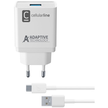 Set incarcator retea Cellularline ACHSMKIT15WTYCW, Cablu date Type-C, QC 3.0, 15W, 1m, Alb Set incarcator retea Cellularline ACHSMKIT15WTYCW, Cablu date Type-C, QC 3.0, 15W, 1m, Alb