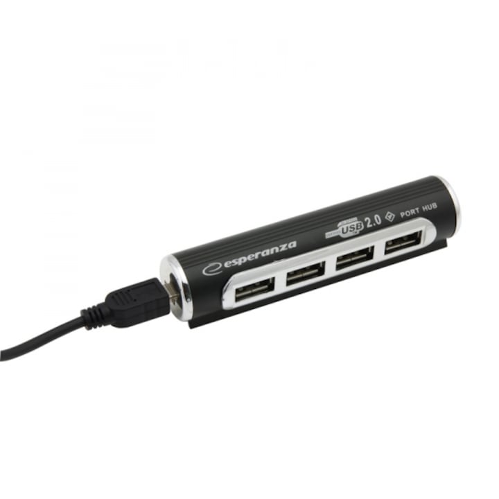 Хъб Esperanza USB 2.0 с 4 порта, алуминий Черен