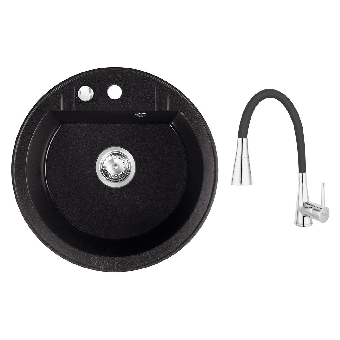 Set chiuveta Ferro granit rotunda grafite 51 cm cu baterie Ferro flexibila cu 2 functii negru