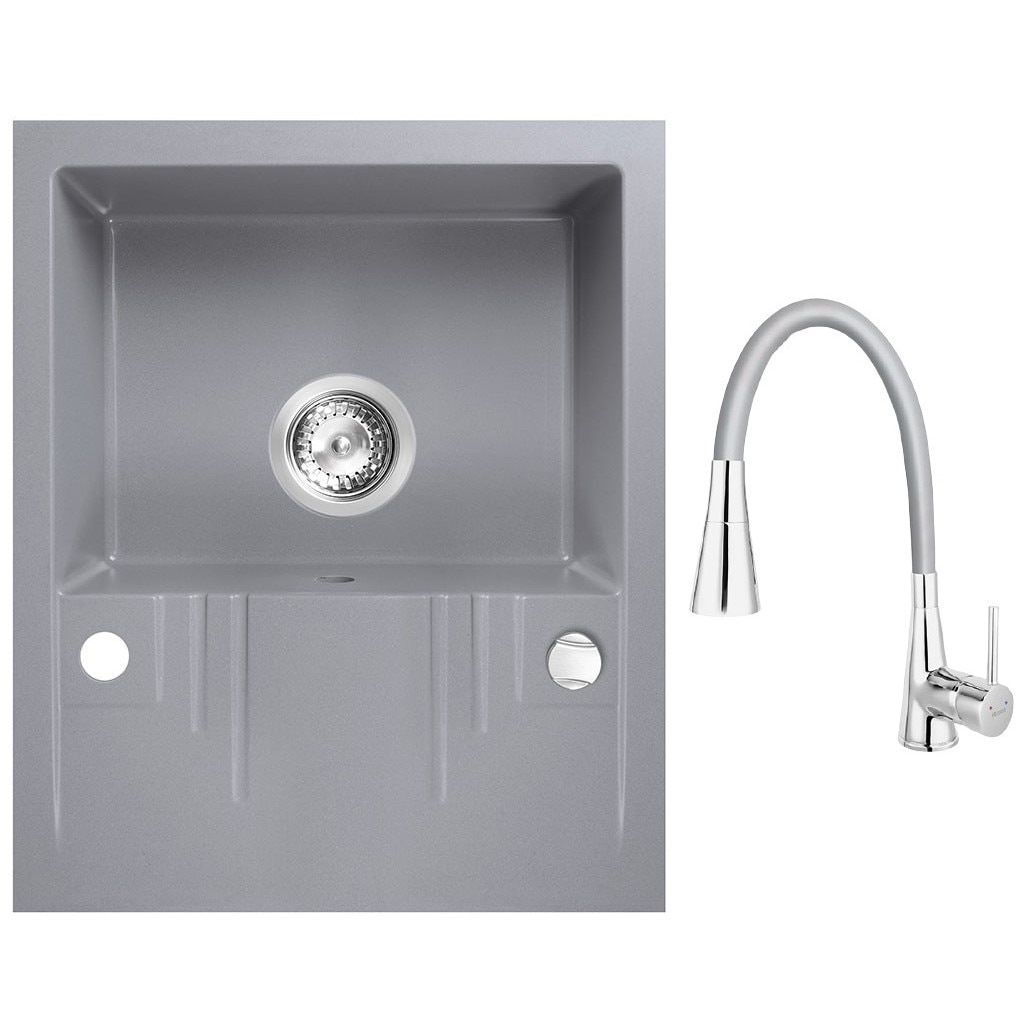 Set chiuveta Ferro granit gri 58x48, cu baterie flexibila Ferro cu 2 functii gri