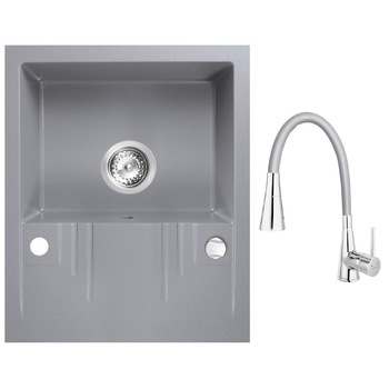 Set chiuveta Ferro granit gri 58x48, cu baterie flexibila Ferro cu 2 functii gri Set chiuveta Ferro granit gri 58x48, cu baterie flexibila Ferro cu 2 functii gri