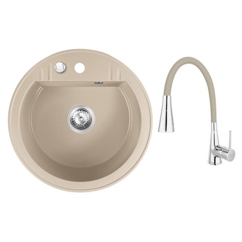 Set chiuveta Ferro granit rotunda nisip 51 cm cu baterie flexibila Ferro cu 2 functii nisip Set chiuveta Ferro granit rotunda nisip 51 cm cu baterie flexibila Ferro cu 2 functii nisip