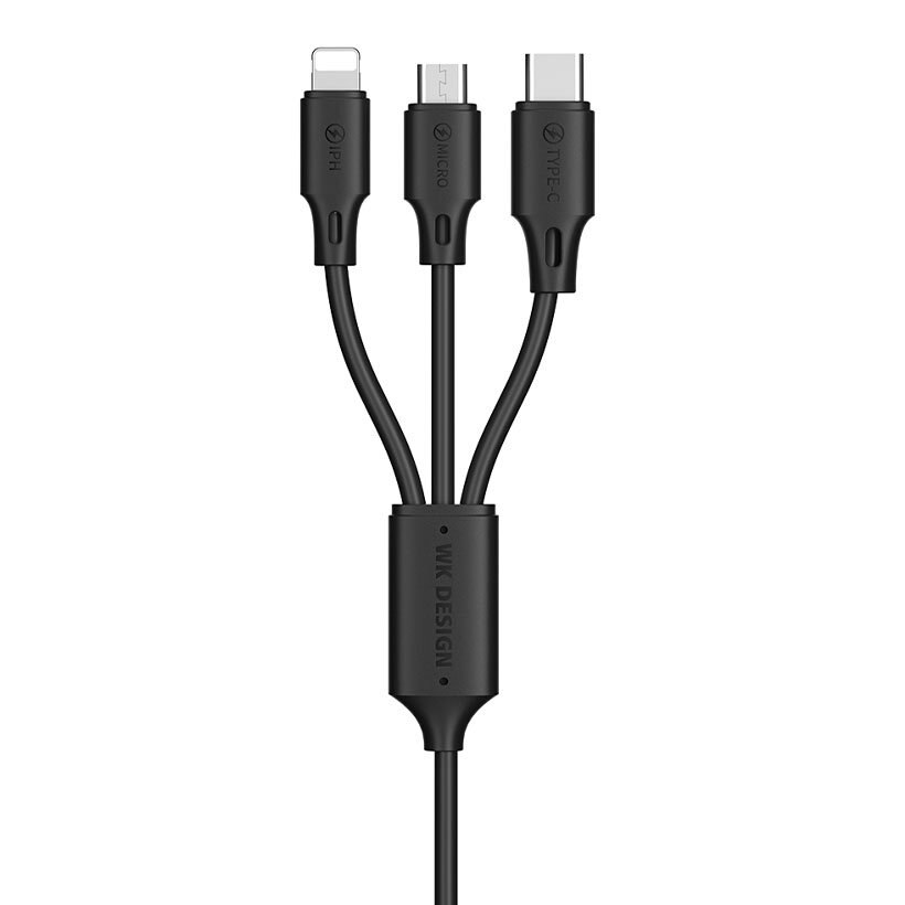 Cablu de date 3in1 USB - Micro USB/Lightning/USB-C, WK Design, 2A, 115 cm, Negru
