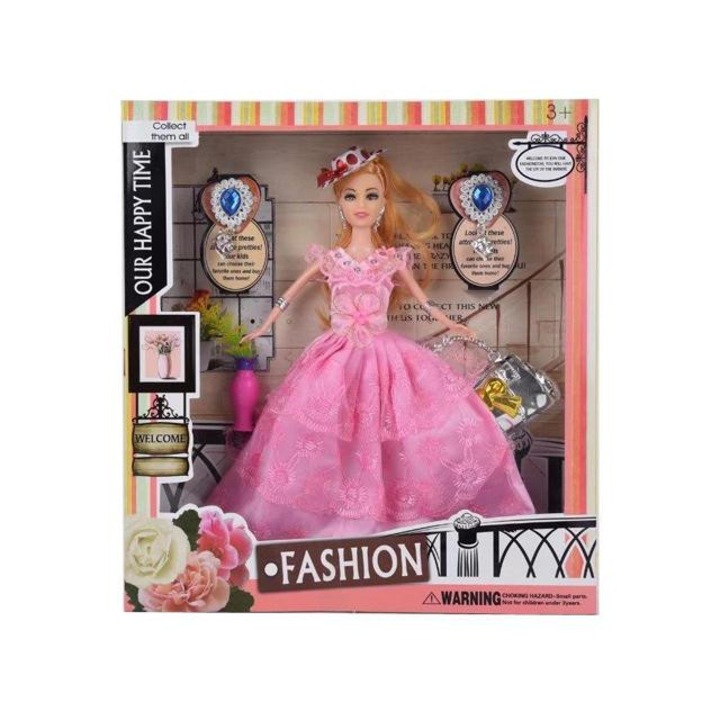 Magic Toys 5009278 Fashion divatbaba kalappal, rózsaszín báli ruhában kiegészítőkkel 29cm
