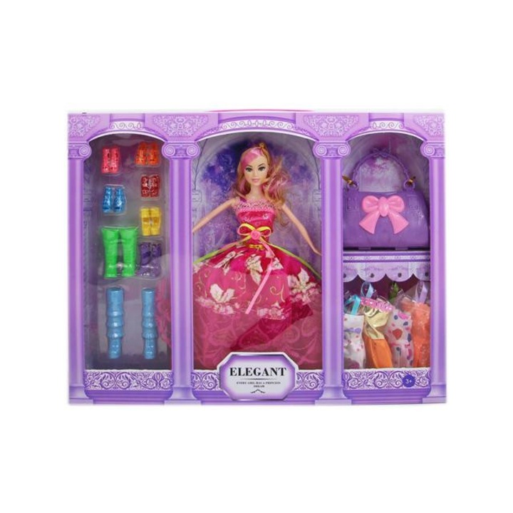 Magic Toys 5343891 Divatbaba szett színes ruhaszettel és cipőkkel