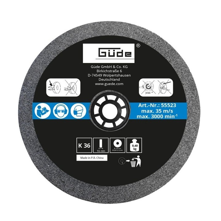Disc abraziv pentru polizor de banc Gude 55523, Ø125x16x20 mm, granulatie K36