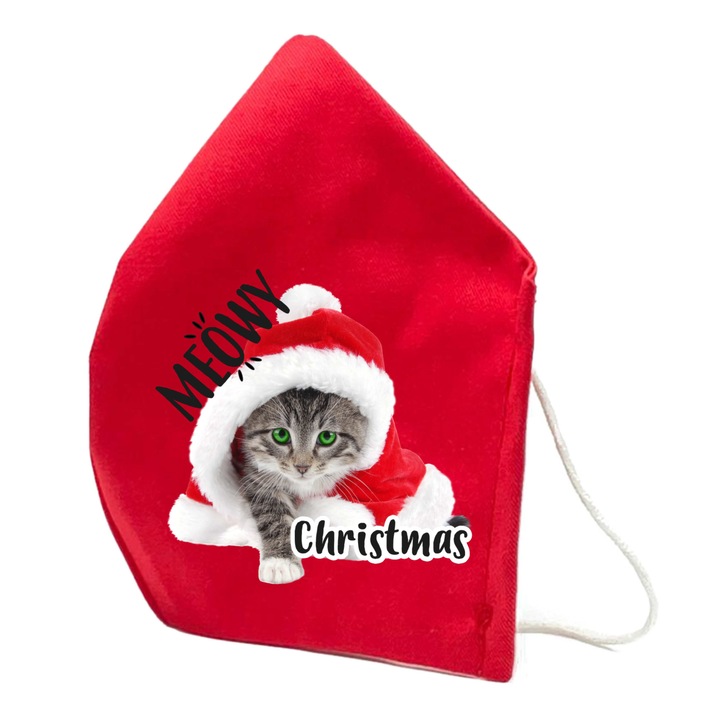 Masca de protectie din material textil de calitate superioara, 2 straturi, Fashion, rosie, Reutilizabila, Tema Pisica Meowy Craciun