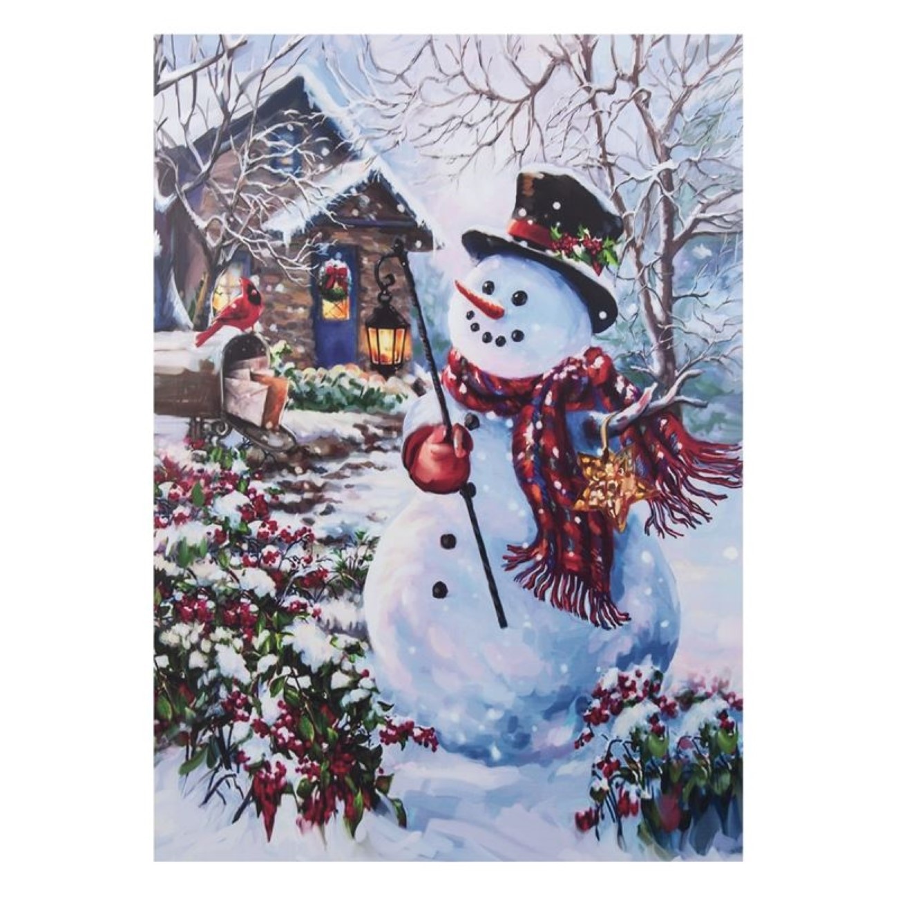 Tablou model peisaj de Craciun cu Om de zapada, include 5 leduri, dimensiune 50x70 cm
