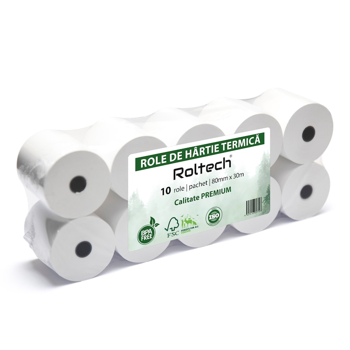 Role hartie termica ROLTECH, 80mm x 30m, non-BPA, 10 role/pachet