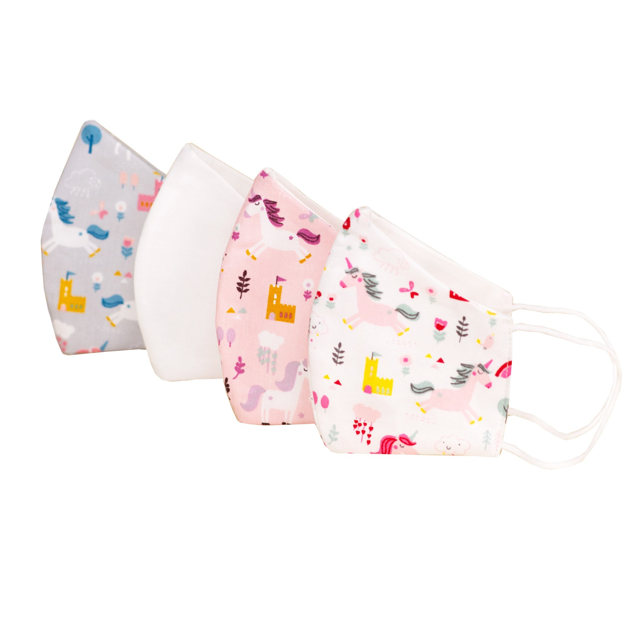 Set 4 Masti protectie faciala ADULTI, model HAPPY UNICORNS, reutilizabile, bumbac, 3 straturi, anatomice, cu elastic