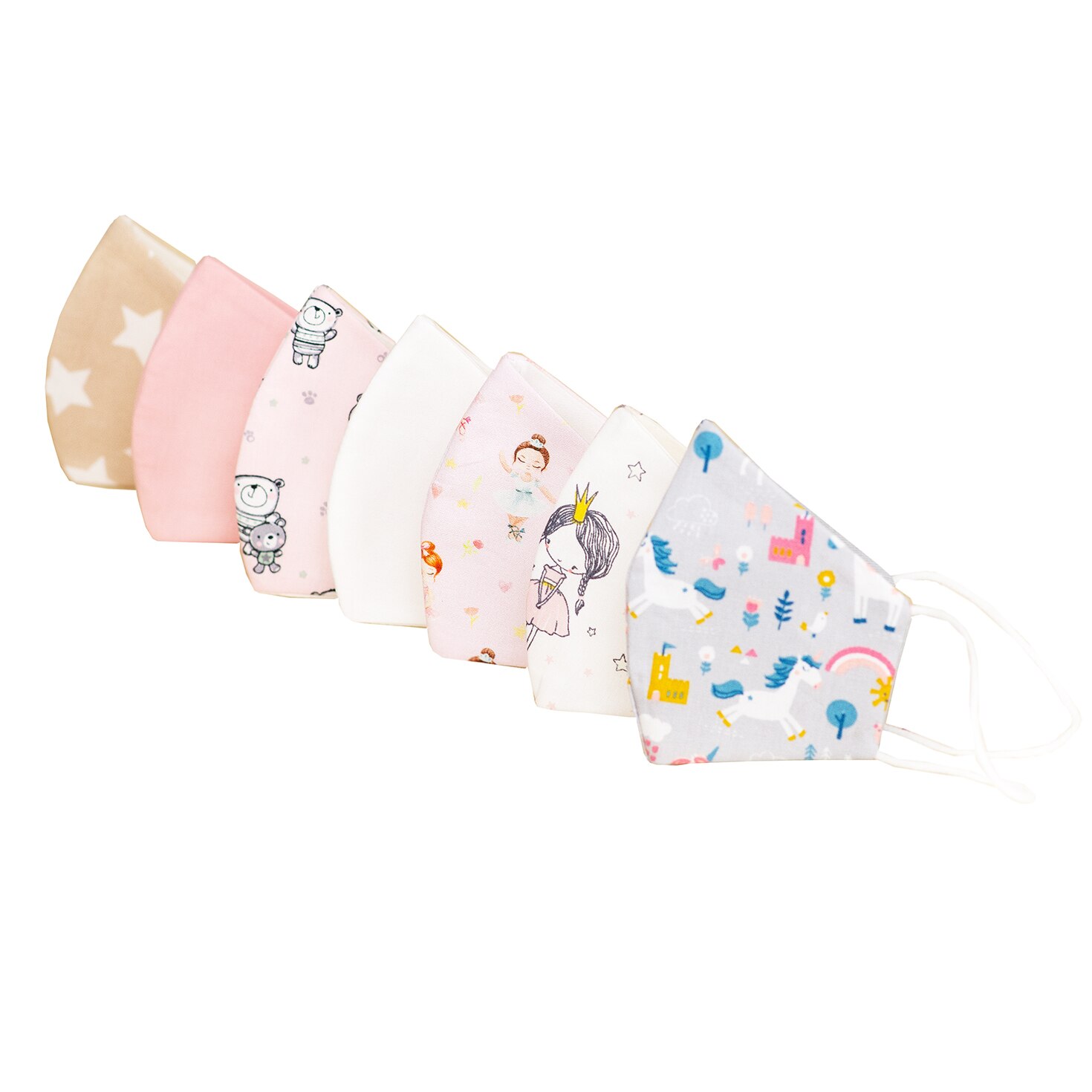 Set 7 Masti protectie faciala COPII, LITTLE MADEMOISELLE, reutilizabile, bumbac, 3 straturi, anatomice, cu elastic