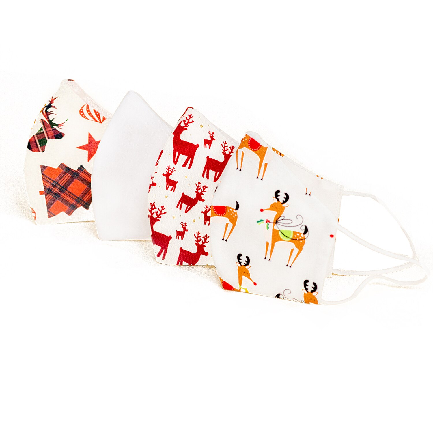 Set 4 Masti protectie faciala COPII, REINDEERS DECO, reutilizabile, bumbac, 3 straturi, anatomice, cu elastic, modele Craciun