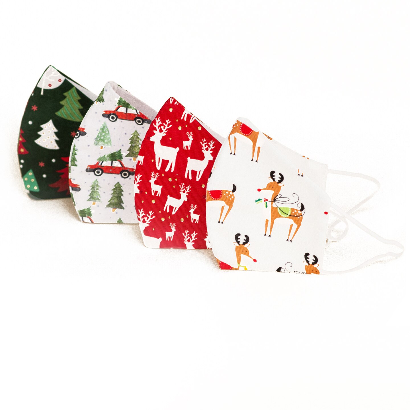 Set 4 Masti protectie faciala ADULTI, WINTER DECO, reutilizabile, bumbac, 3 straturi, anatomice, cu elastic, modele Craciun