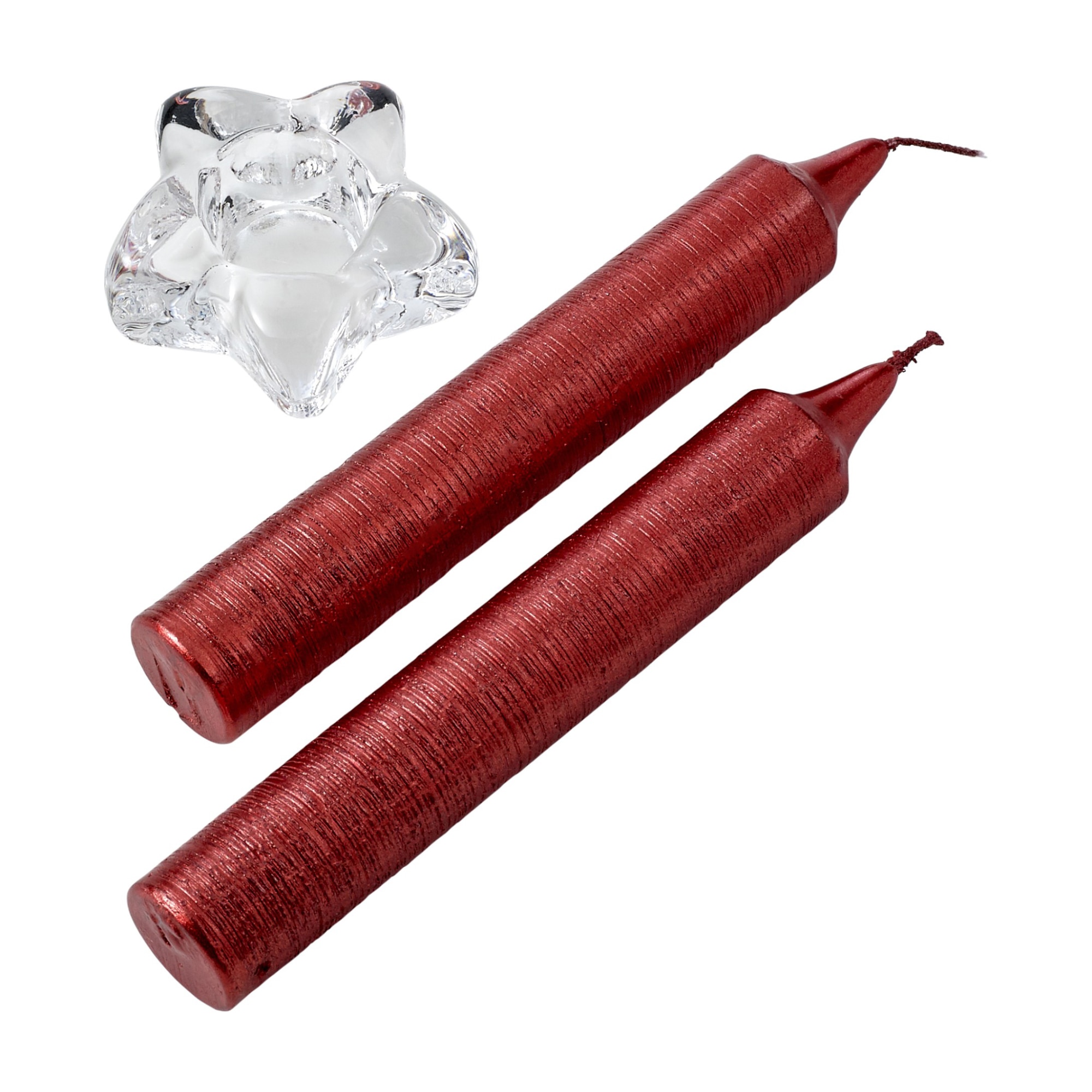 Set 2 lumanari decorative, cilindrice, cu un suport din sticla, rosii, Piksel
