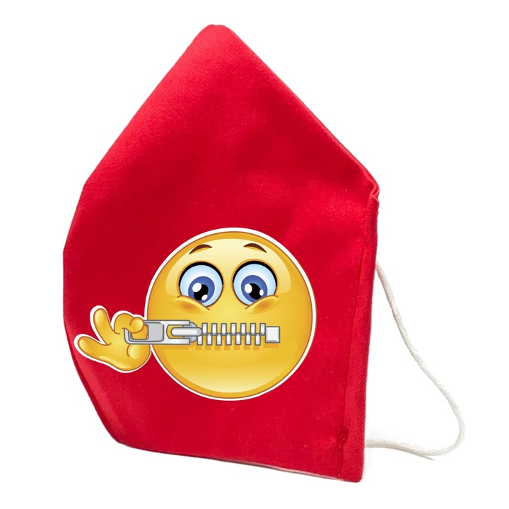 Masca de protectie din material textil de calitate superioara, 2 straturi, Fashion copii, rosie, Reutilizabila, Tema Emoji fermoar