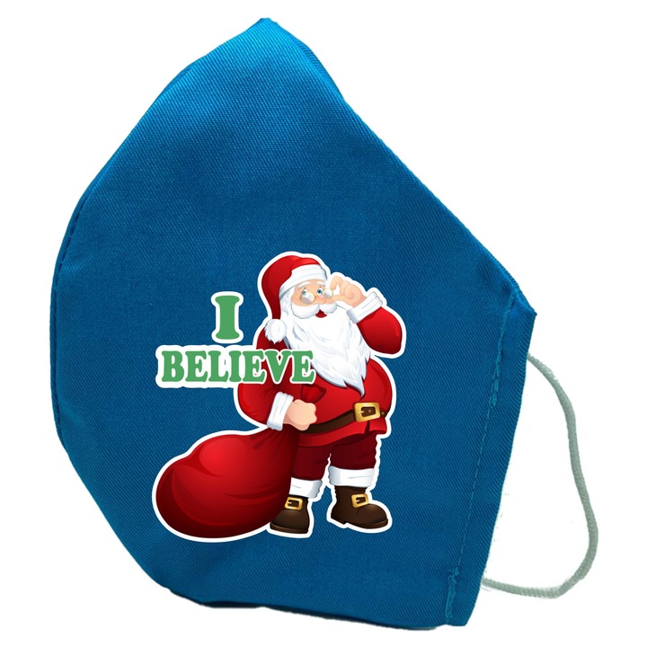 Masca de protectie din material textil de calitate superioara, 2 straturi, Fashion, turcoaz, Reutilizabila, Tema i believe in Santa Claus