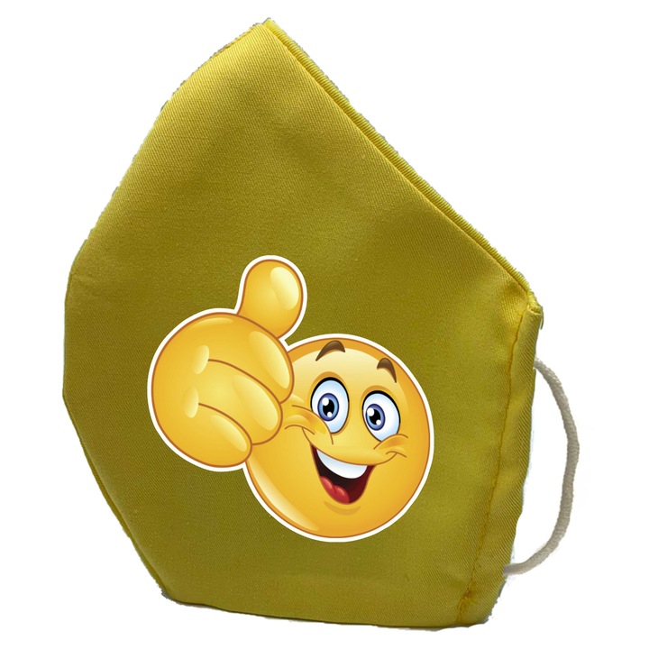 Masca de protectie din material textil de calitate superioara, 2 straturi, Fashion copii, galbena, Reutilizabila, Tema Emoji 1 OK