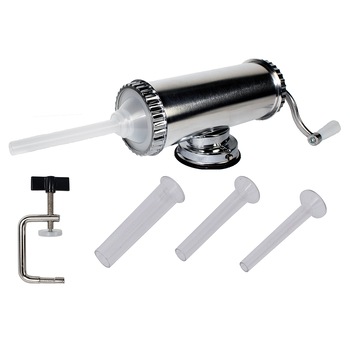 Aparat de facut carnati , din inox alimentar , capacitate 1.5 Kg , 3 palnii incluse , prindere pe ventuza+suport Aparat de facut carnati , din inox alimentar , capacitate 1.5 Kg , 3 palnii incluse , prindere pe ventuza+suport