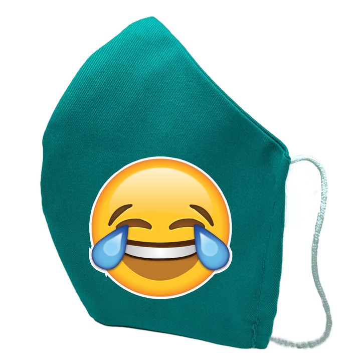 Masca de protectie din material textil de calitate superioara, 2 straturi, Fashion, verde, Reutilizabila, Tema Emoji cu lacrimi