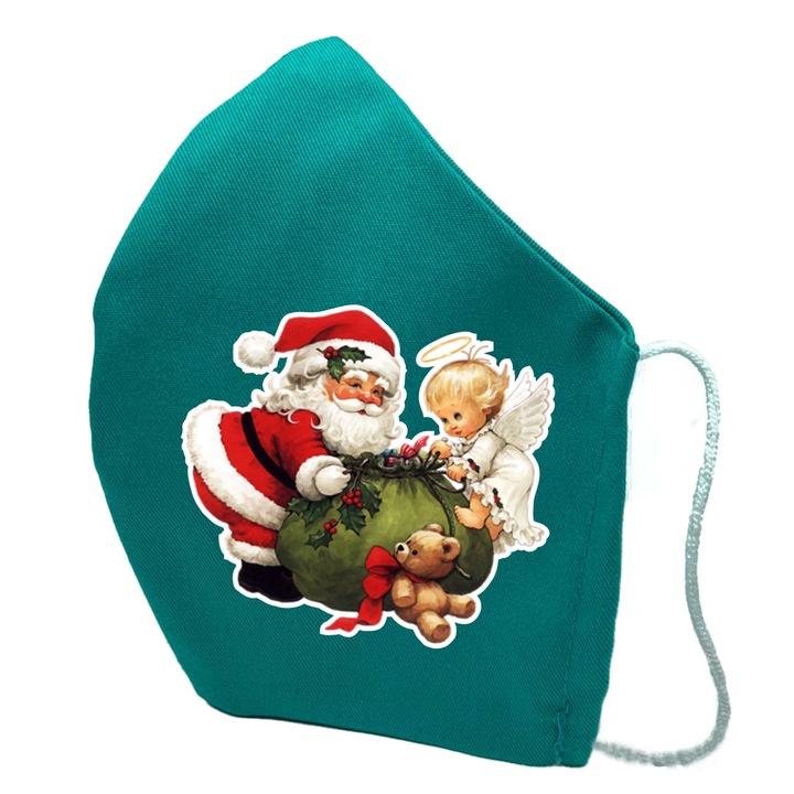 Masca de protectie din material textil de calitate superioara, 2 straturi, Fashion, verde, Reutilizabila, Tema Mos Craciun cu ingeras