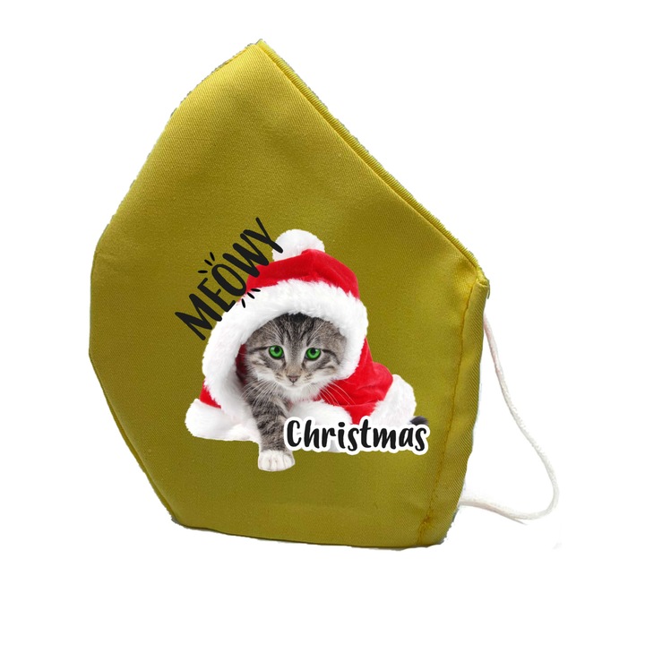 Masca de protectie din material textil de calitate superioara, 2 straturi, Fashion copii, galbena, Reutilizabila, Tema Pisica Meowy craciun