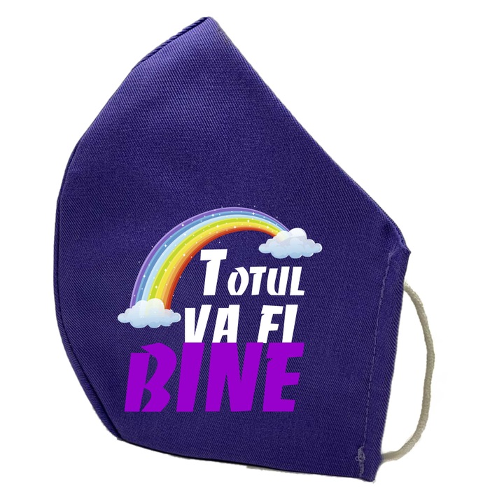 Masca de protectie din material textil de calitate superioara, 2 straturi, Fashion copii, mov, Reutilizabila, Tema Totul va fi bine