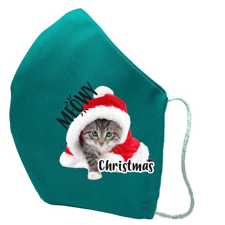 Masca de protectie din material textil de calitate superioara, 2 straturi, Fashion copii, verde, Reutilizabila, Tema Pisica Meowy craciun