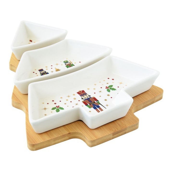 Fenyőfa porcelántál szett 3 részes, bambusztálcán 25,5 x 21 cm, dobozban, Nutcrackers