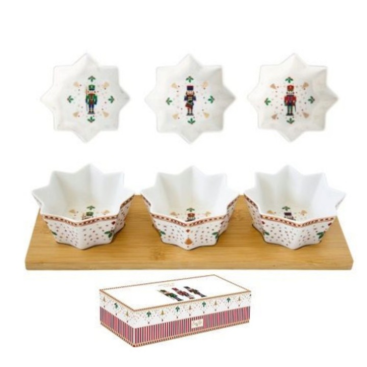 Porcelán csillagtálka szett 3 db-os, bambusztálcán, 34x12cm, Nutcrackers