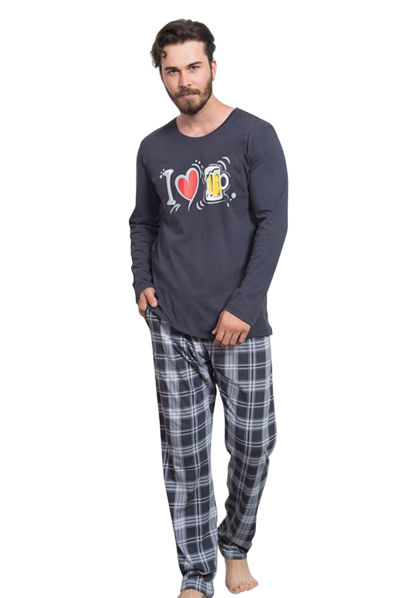 Pijama barbati Gazzaz by Vienetta, model I Love Beer, gri inchis