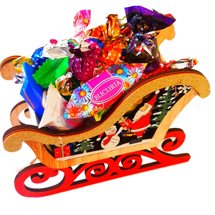 Pachet cadou, sanie din lemn cu decor de iarna, mix bomboane Bucuria
