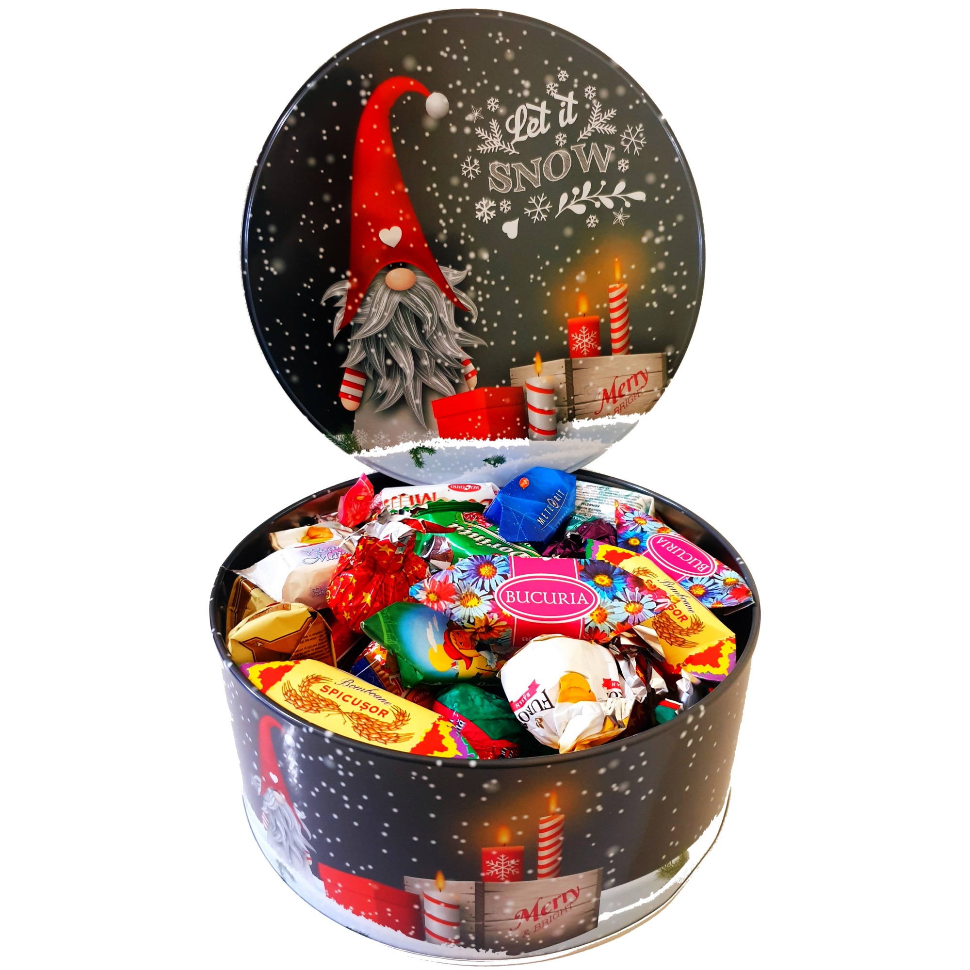 Cutie cadou metalica, decor de iarna, mix de Ciocolata Bucuria