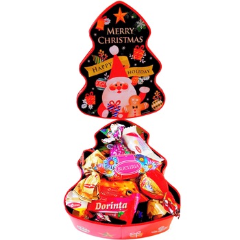 Cutie cadou brad, metalica, mix de bomboane Bucuria Cutie cadou brad, metalica, mix de bomboane Bucuria