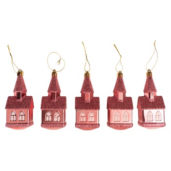 Set Holly 5 globuri decorate Casuta, 11 cm, roz Set Holly 5 globuri decorate Casuta, 11 cm, roz