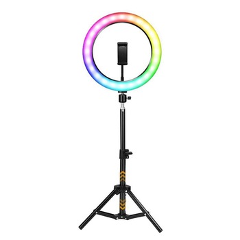 Lampa circulara profesionala RGB cu telecomanda, 3 nuante de alb, suport telefon, diverse jocuri de lumini, conectare USB, diametru 20 cm, trepied 210 cm K KATHODE Lampa circulara profesionala RGB cu telecomanda, 3 nuante de alb, suport telefon, diverse jocuri de lumini, conectare USB, diametru 20 cm, trepied 210 cm K KATHODE
