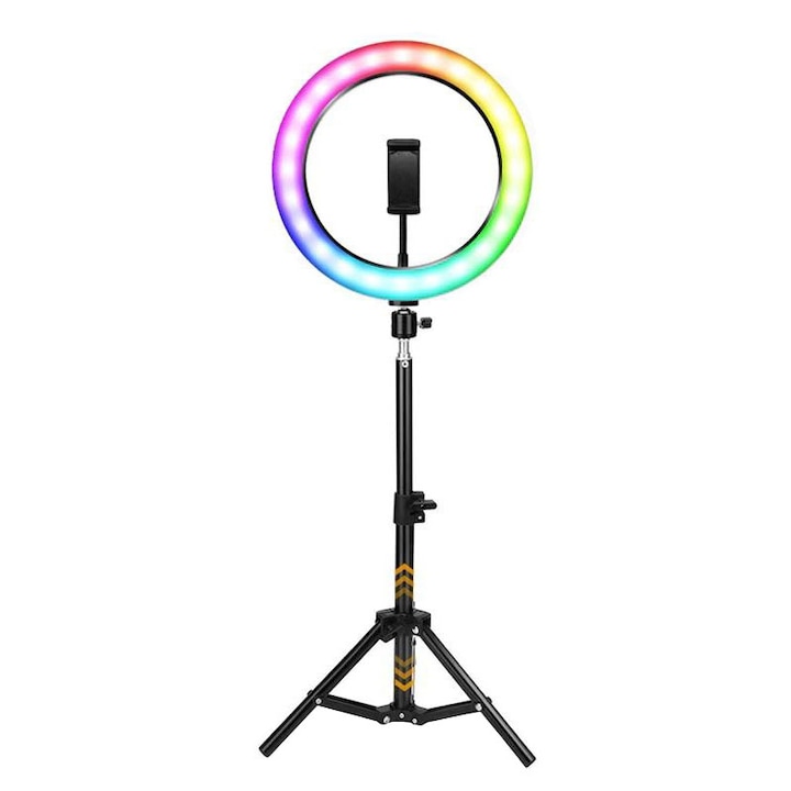 Lampa circulara profesionala RGB LED Ring Light, diametru 26cm/10inch LED, conectare USB, 3 moduri de lumina alba, 9 trepte de lumina, 15 culori RGB, suport telefon, telecomanda, trepied 210cm K KATHODE