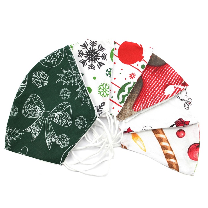 Set 6 Masti protectie fata anatomice pentru copii 7-12 ani, reutilizabile, din bumbac, 2 straturi, imprimeuri colorate de Craciun