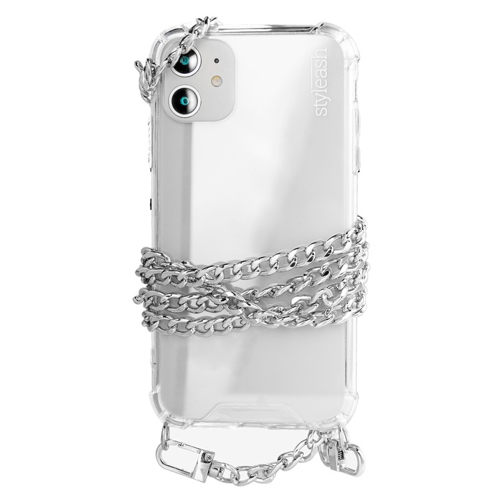Защитен капак с подвижна метална верижка, съвместим с iPhone 12/12 Pro, Styleash, Silver