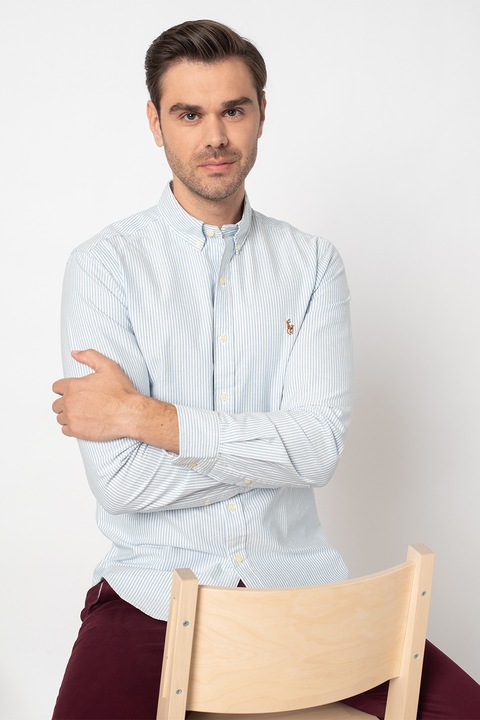 Polo Ralph Lauren, Camasa slim fit cu guler fixat cu nasturi, Alb/Albastru