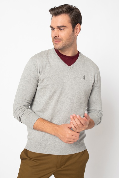 Polo Ralph Lauren, Pulover tricotat fin cu decolteu in V si logo discret, Negru