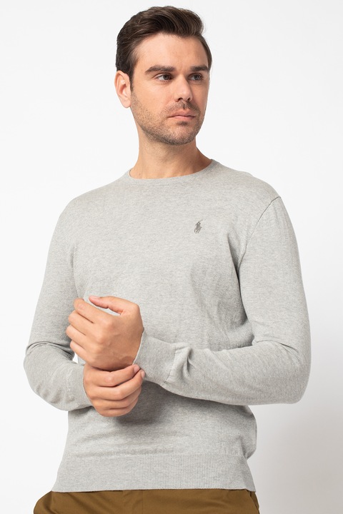 Polo Ralph Lauren, Pulover tricotat fin cu decolteu la baza gatului, Gri melange