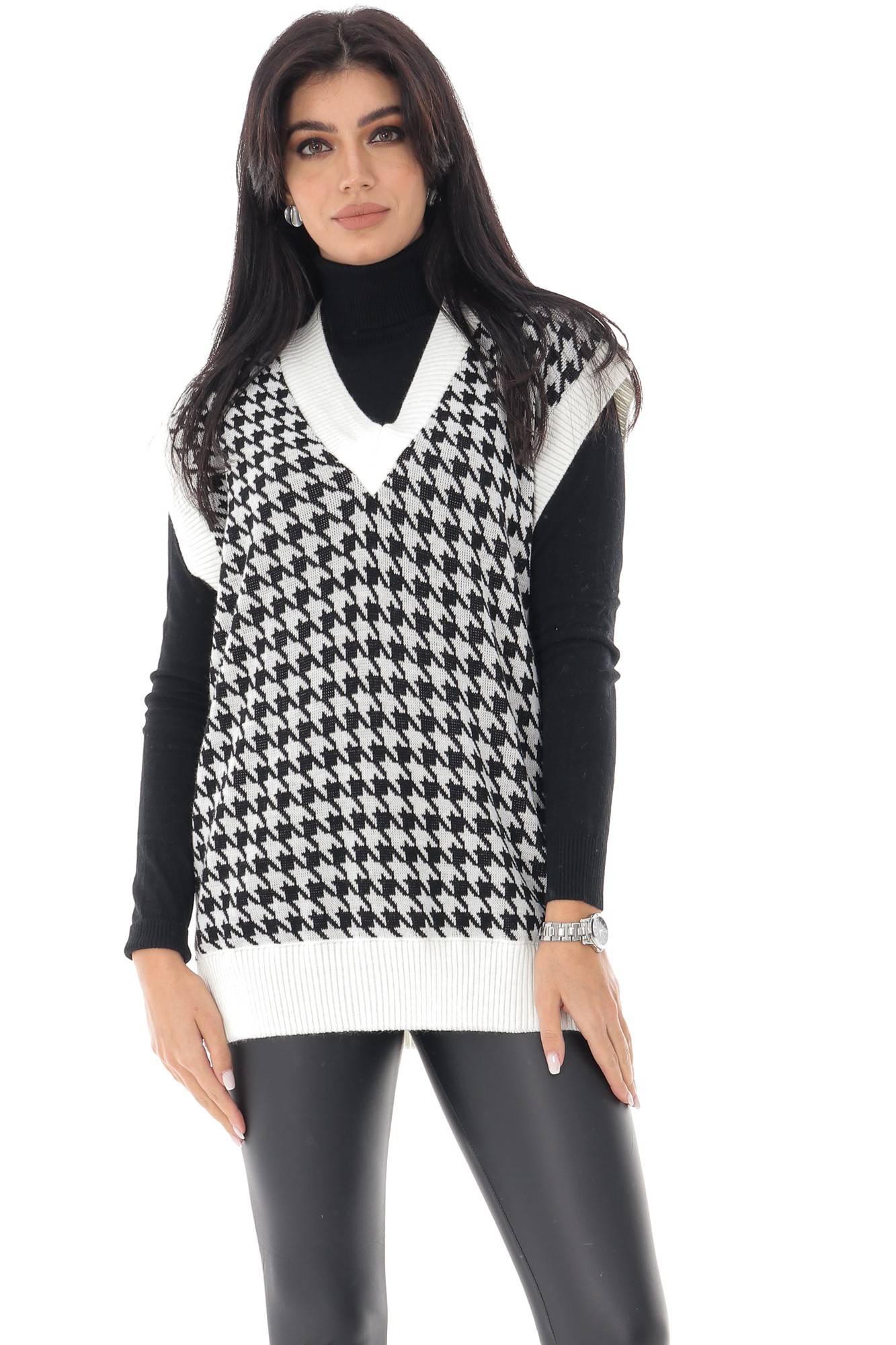 Bluza de dama, crem/negru cu model dog tooth - ROH - BR2375, UNI