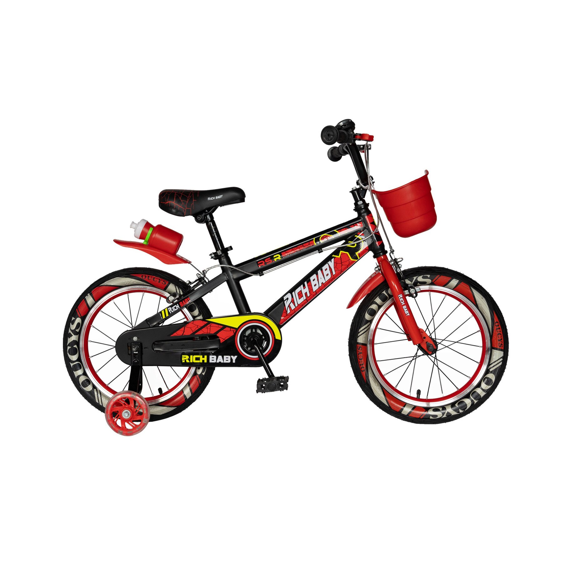 Bicicleta MTB Copii RICH 4/6 ani unisex JSX16WTB, roata 16 inch, frana tip C-BRAKE, cos plastic, roti ajutatoare, negru cu rosu