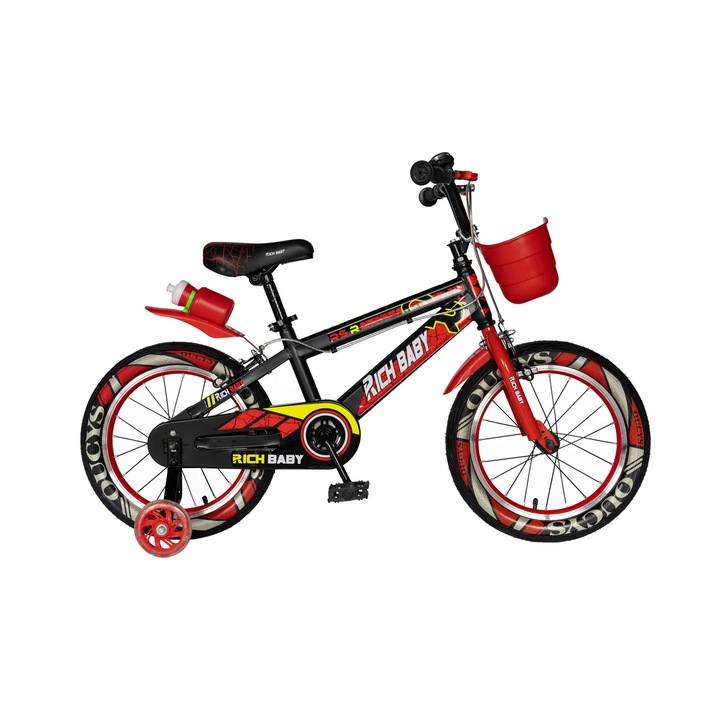 Bicicleta MTB Copii RICH 3/5 ani unisex JSX14WTB, roata 14 inch, frana tip C-BRAKE, cos plastic, roti ajutatoare, negru cu rosu