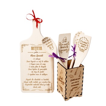 Set de bucatarie personalizat, 6 piese - Tocator, linguri si spatule in cutie suport din lemn  Set de bucatarie personalizat, 6 piese - Tocator, linguri si spatule in cutie suport din lemn