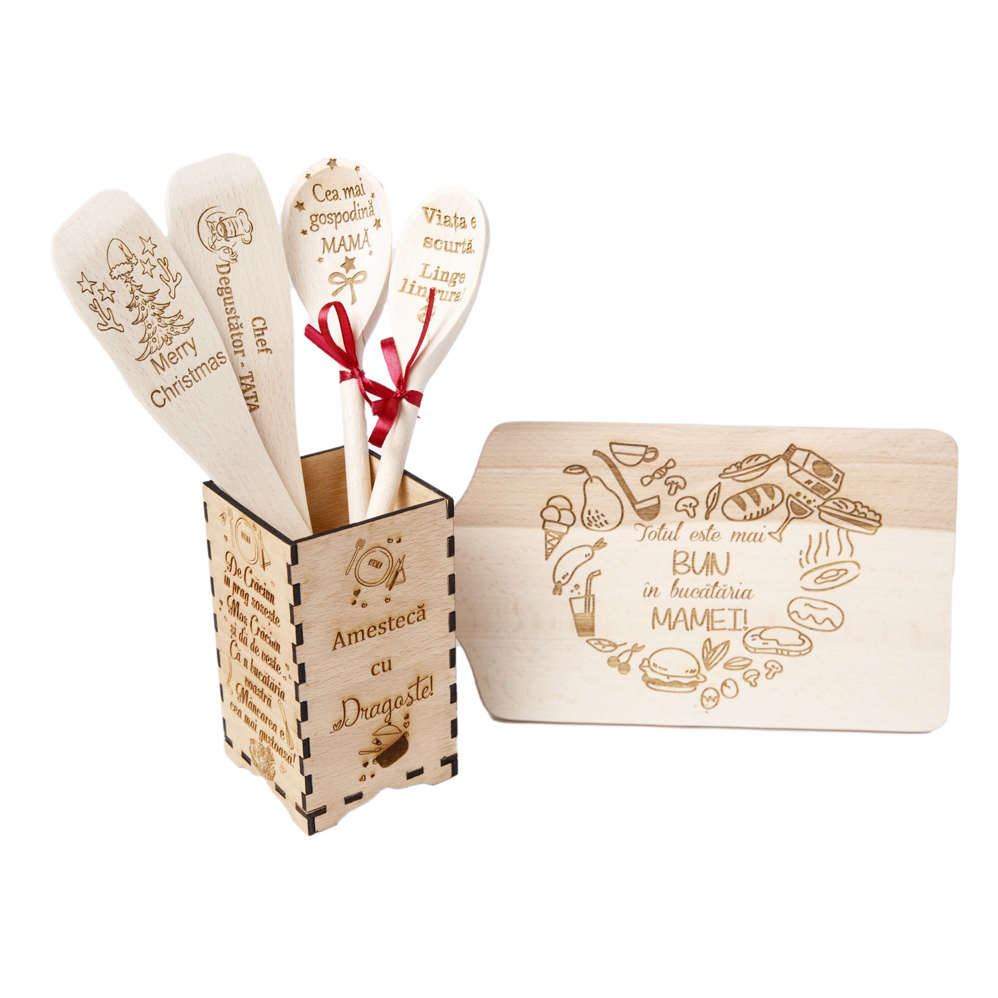 Set de bucatarie personalizat, 6 piese -Tocator, linguri si spatule in cutie suport din lemn 