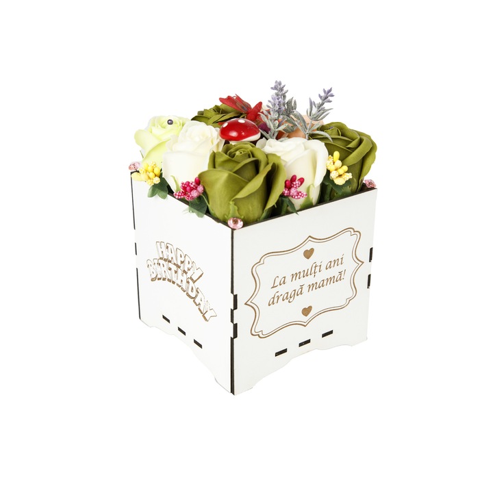 Aranjament floral cu trandafiri de sapun in cutie de lemn personalizata "La multi ani, draga mama", Alb, 13 cm