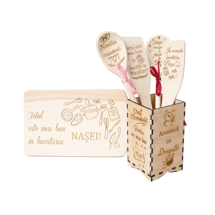 Set de bucatarie personalizat, 6 piese - Tocator, linguri si spatule in cutie suport din lemn "Totul este mai bun in bucataria NASEI", Lemn, Natur